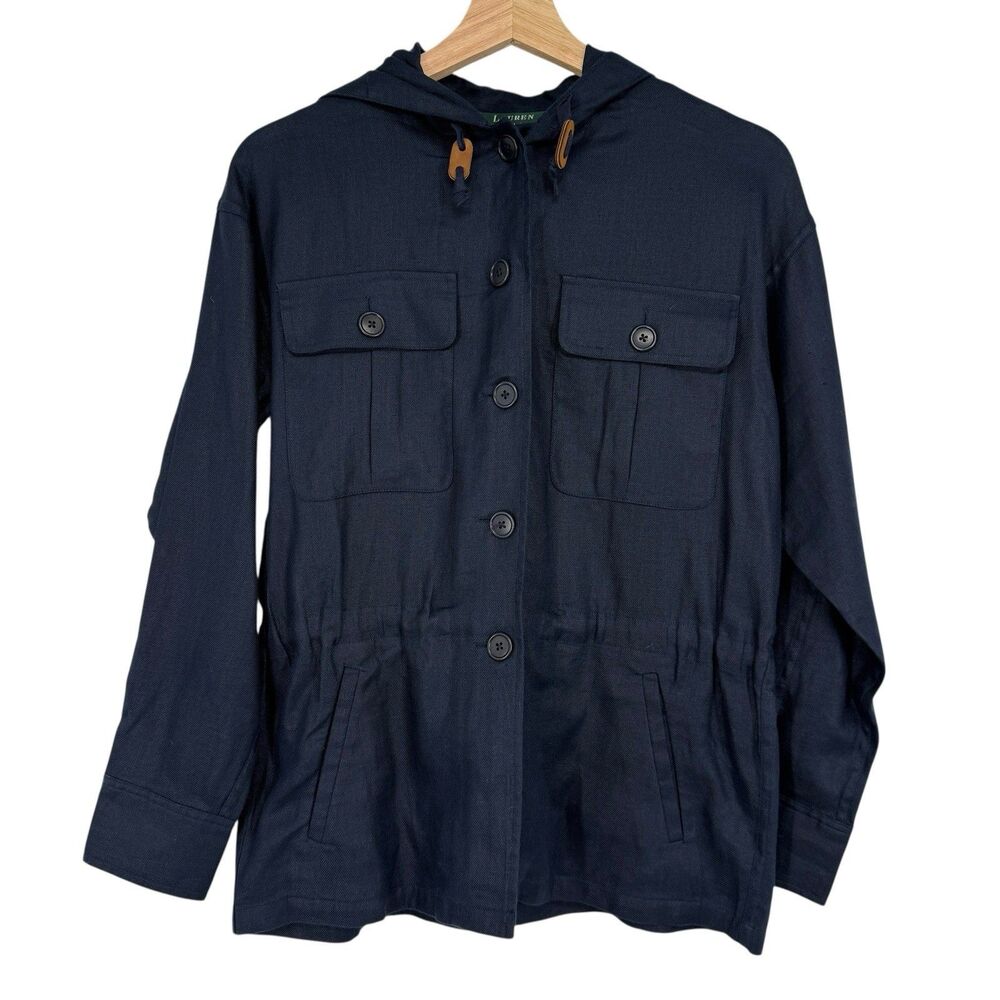 Lauren Ralph Lauren Womens Linen Jacket Size P Petite Navy Blue Lightweight